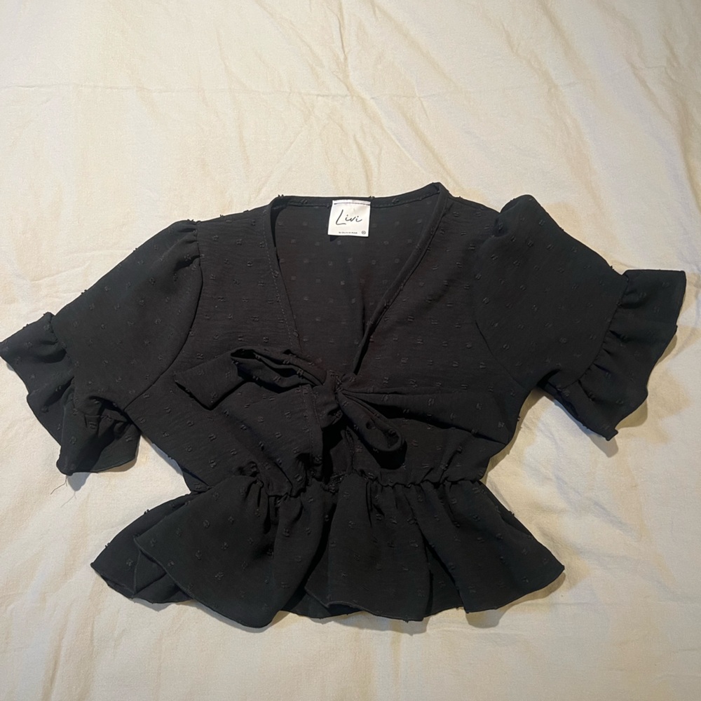 Black Swiss Dot Tie-Front Peplum Top